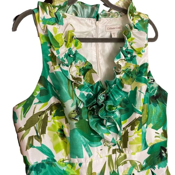 Coldwater Creek Womens 16 Ruffle Neck Floral Summer Shift Dress Green Tropical - Picture 5 of 13